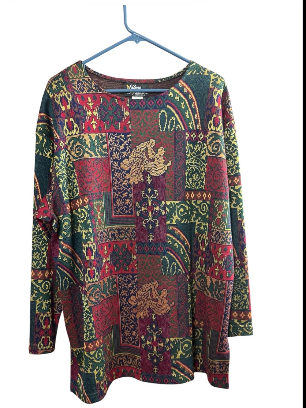 VTG Silver Threads Abstract Boho Pattern Long Sleeve Top w/ Shoulder Pads - L